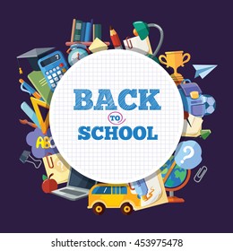 Back to School. vector pictures in circle shape of school elements isolate on dark background