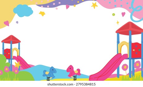 Back to school vector playground frame with colorful slides, spring riders, clouds, stars and blank copy space.