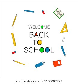 Back to school vector poster and banner with colorful school elements. Vector illustration.