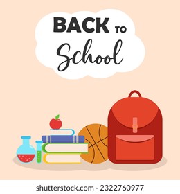 Back to school vector poster or card with a backpack and school objects red