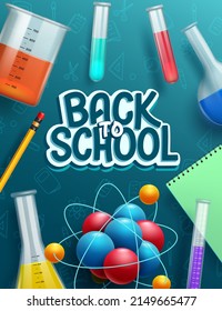 Back to school vector poster design. Back to school text in paper cut decoration with educational science laboratory items for education study and activity. Vector illustration.
