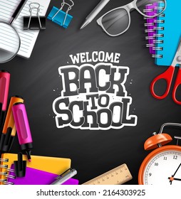 Back to school vector poster design. Welcome back to school greeting text in blackboard empty space with school supplies elements. Vector Illustration.
