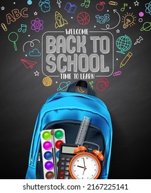 Back to school vector poster design. Welcome back to school in doodle hand drawn education elements and icon in blackboard background. Vector Illustration.
