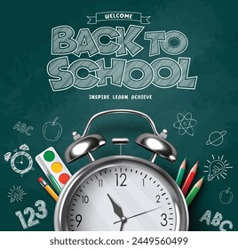 Back to school vector poster design. Welcome back to school greeting in chalk board space with alarm clock, color pencil and doodle materials drawing background. Vector illustration school greeting 