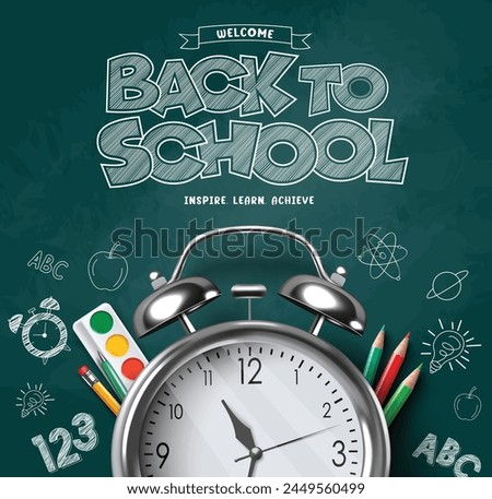 Back to school vector poster design. Welcome back to school greeting in chalk board space with alarm clock, color pencil and doodle materials drawing background. Vector illustration school greeting 