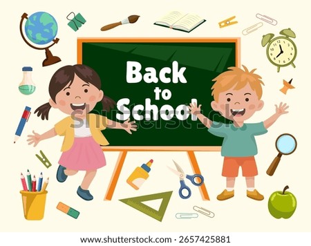 Back to school vector poster. Schoolchildren excited about the start of the school year, school supplies and chalkboard. Education and study.