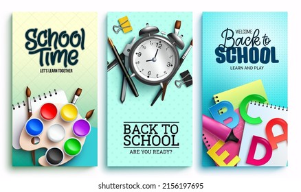 Back to school vector poster set design. Back to school text with painting, alarm clock and notebook educational items in pattern background for kids educational creative study. Vector illustration.
