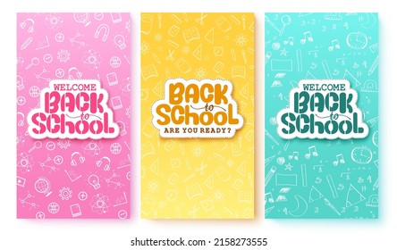 Retour à l'école ensemble d'affiches vectorielles. Retour au texte de l'école en décoration coupée en papier avec motif de dessin de griffes de griffes de griffes pour la conception de messages éducatifs d'étude. Illustration vectorielle.
