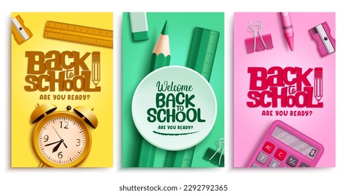 Back to school vector poster set design. School back text in empty space with educational elements. Vector illustration education background collection.