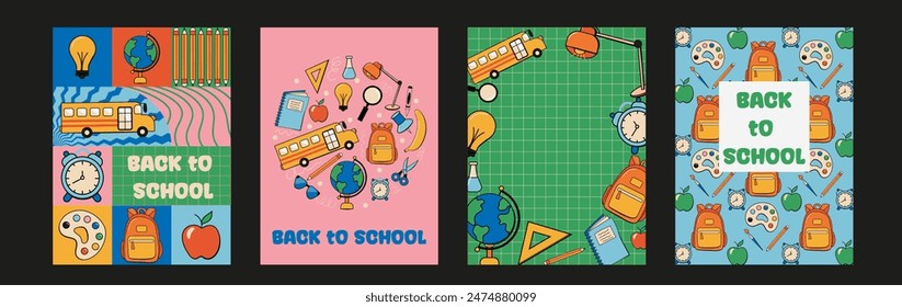 Back to school vector poster set. Retro groovy background with educational creativity supplies for sale promotion ads collection. Vector illustration.