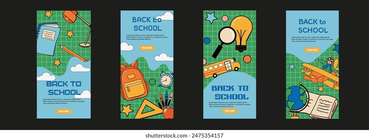 Conjunto de afiches de Vector de regreso a la escuela. Fondo retro groovy con suministros de creatividad educativa para la venta de anuncios de promoción de colección. Ilustración vectorial.