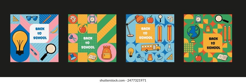 Back to school vector poster set. Retro groovy background with educational creativity supplies for sale promotion ads collection. Vector illustration.