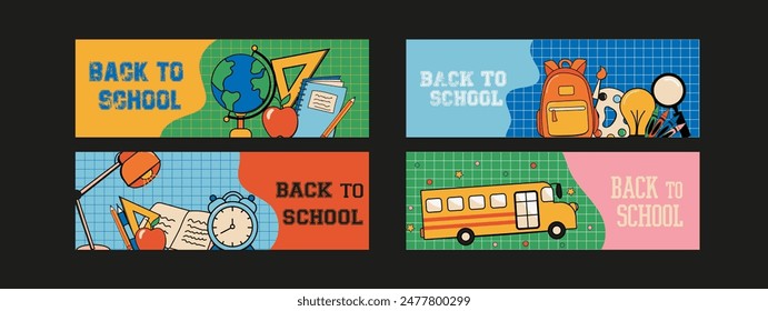 Conjunto de afiches de Vector de regreso a la escuela. Fondo retro groovy con suministros de creatividad educativa para la venta de anuncios de promoción de colección. Ilustración vectorial.