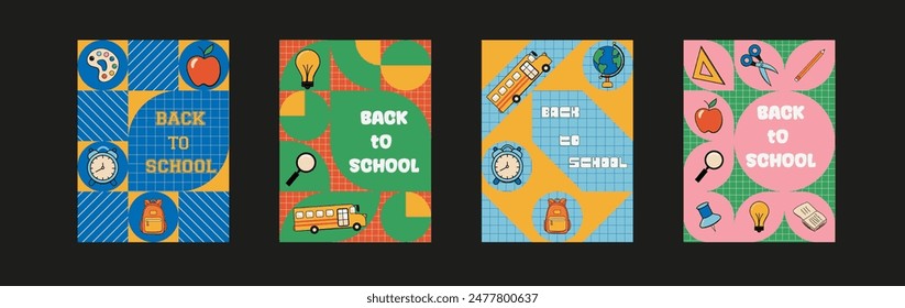 Back to school vector poster set. Retro groovy background with educational creativity supplies for sale promotion ads collection. Vector illustration.