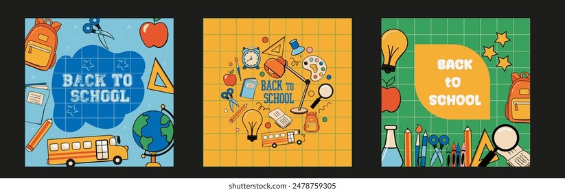 Back to school vector poster set. Retro groovy background with educational creativity supplies for sale promotion ads collection. Vector illustration.