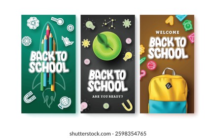 Back to school vector poster set. Back to school text with learning icons and bag elements in colorful decoration for educational study design collection. Vector illustration.
