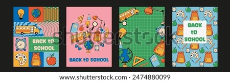 Back to school vector poster set. Retro groovy background with educational creativity supplies for sale promotion ads collection. Vector illustration.