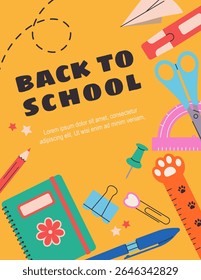 Back to school vector poster. School stationery on bright background. Template for cover, banner, flyer design