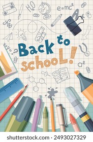 Back to school vector poster template. Hand drawn background illustration with stationery supplies and items. Doodle scribbles on backdrop. Cartoon flat stylisation