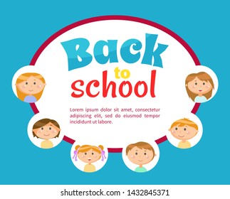 Back to school vector, poster with text sample. Students in frames, schoolgirl and schoolboy, classmates on lessons, september annual gathering of group