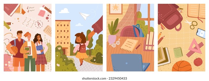 Back to school vector posters. Background with children and education accessories, kids, students from college or university. Illustration of schoolchildren and students, study and education