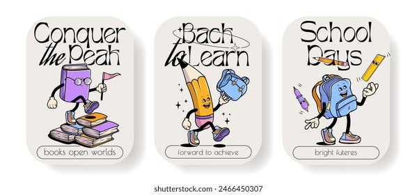 Back to school vector posters set with walking funny cute comic characters. Lettering illustration for t-shirt print. Too cool for school, educational creativity supplies. Vector illustration