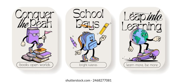 Back to school vector posters set with walking funny cute comic characters. Lettering illustration for t-shirt print. Too cool for school, educational creativity supplies. Vector illustration.