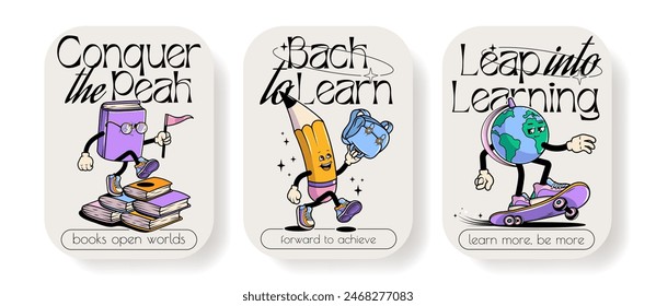 Back to school vector posters set with walking funny cute comic characters. Lettering illustration for t-shirt print. Too cool for school, educational creativity supplies. Vector illustration.