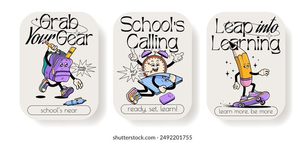 Back to school vector posters set with walking funny cute comic characters. Lettering illustration for t-shirt print. Too cool for school, educational creativity supplies. Vector illustration.	