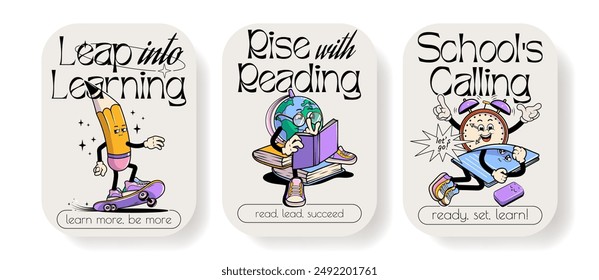 Back to school vector posters set with walking funny cute comic characters. Lettering illustration for t-shirt print. Too cool for school, educational creativity supplies. Vector illustration.	