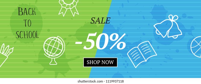 Back to school. Vector sale banner with outline signs and button shop now