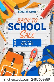 Back to school vector sale banner with school items and elements. Vector illustration banner.