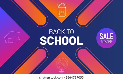 Back to school vector sale banner with colorful flat design stationery and 50% discount label. Perfect for promoting educational supplies, books, and classroom items. Includes bright typography, shop 