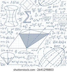 "Back to school" vector seamless background with scientific math and physics calculations, formulas and equations handwritten on copybook paper