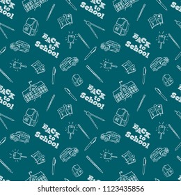 Back to school vector seamless pattern with set of different stationery and school items. 