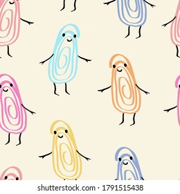 Back to school vector seamless pattern with cute antropomorphic colorful paper clips on pastel yellow background