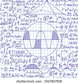 "Back to school" vector seamless pattern with handwritten math formulas, figures, calculations on the grid copybook paper