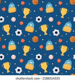 Back To School Vector Seamless Pattern. Football, Basketball, Baseball Background. Sport Avard