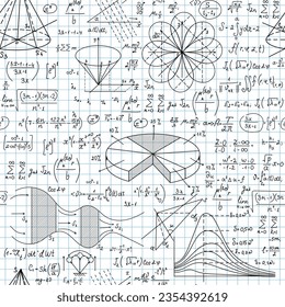 "Back to school" vector seamless pattern with math formulas, figures and calculations handwritten on a grid copybook sheet of paper 