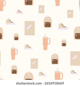 Back to School Vector Seamless Pattern with Cute Supplies and Stationery