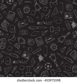 Back to School. vector seamless pattern with school elements isolate on dark background. Linear stile