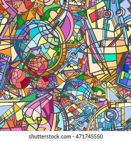 Back to school vector seamless pattern. Basic education stylized elements: stationery items, textbooks, globe, compasses, autumn leaves. Hand drawn. 