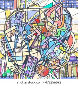 Back to school vector seamless pattern. Basic education stylized elements: stationery items, textbooks, globe, compasses, autumn leaves. Hand drawn. 