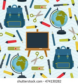 Back to school vector seamless pattern. Assortment of school supplies on checkered background.