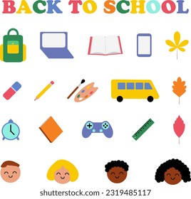 Back to school, vector set. Backpack, laptop and smartphone, textbooks, stationery, leaves, school bus, joystick and alarm clock, children's faces.