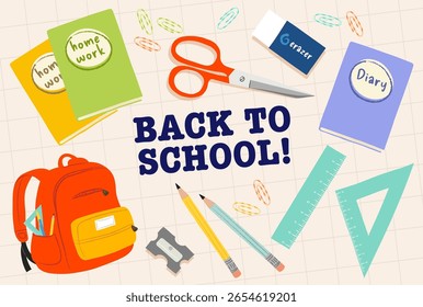 Back to School Vector Set – Backpack, Notebooks, Eraser, Pencils, Sharpener, Ruler, Set Square, Scissors, Paper Clips, and Diary
