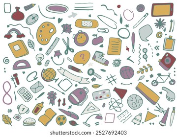 Back to school vector set of bright elements. Educational clipart. School supplies. Cute flat style classroom objects. Ready for school stuff. Back to school. Vector illustration