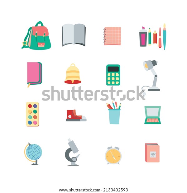 Back to\
school vector set of bright elements. Educational clipart. School\
supplies. Cute flat style classroom objects. Ready for school\
stuff. Back to school. Vector\
illustration