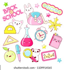 Back to school. Vector set of education icons in kawaii style. Bunny with bag, cat with ruler, alarm clock, book, diary, pen, apple, ruler, panda with loupe, labels, shiny stars, chemistry flask. EPS8