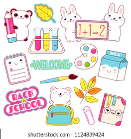 Back to school. Vector set of education icons in kawaii style. Polar bear in bag, panda with pencil, milk, book, diary, labels, chemistry flask, paint, paintbrush, clip. EPS8